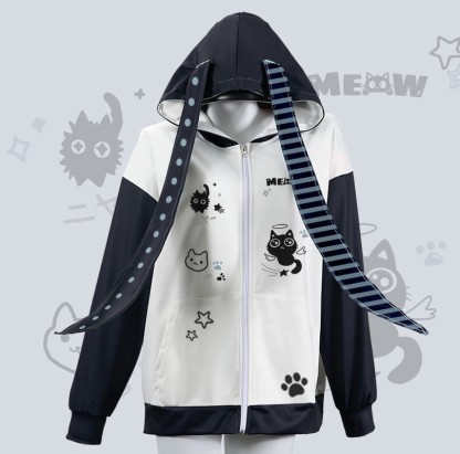 MODAKAWA キュートなキティグラフィック ジッパー ロング うさぎ耳 パーカー - White - 4XL - image 1