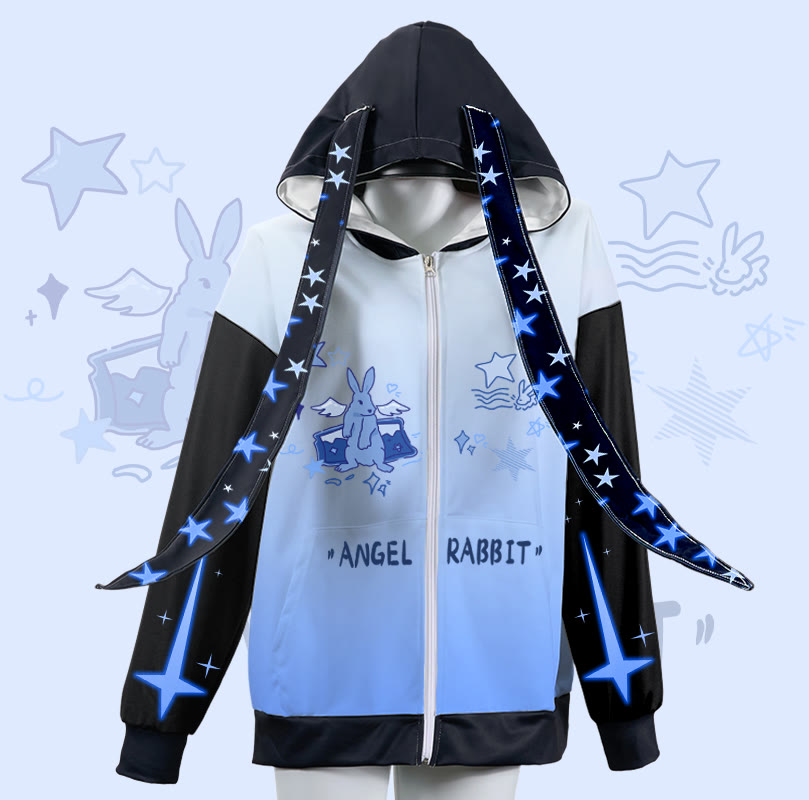 MODAKAWA グラデーション エンジェルラビット スターグラフィック ジッパー ロング バニーイヤー パーカー - Blue - 4XL - image 1