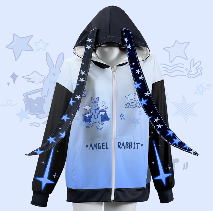 MODAKAWA グラデーション エンジェルラビット スターグラフィック ジッパー ロング バニーイヤー パーカー - Blue - 4XL - image 1