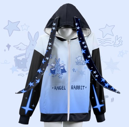 MODAKAWA グラデーション エンジェルラビット スターグラフィック ジッパー ロング バニーイヤー パーカー - Blue - 4XL - image 1