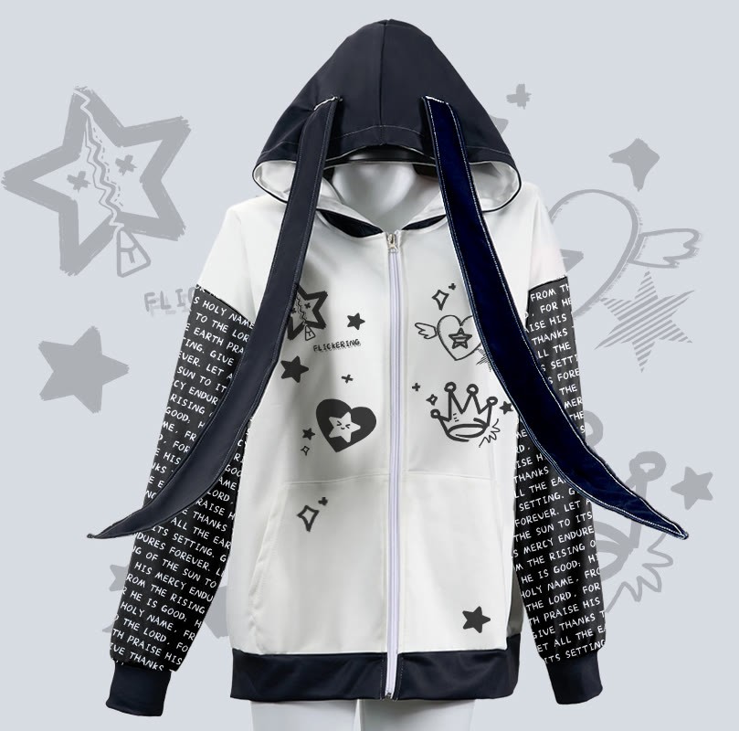 MODAKAWA スターハートクラウングラフィックジッパーロングバニーイヤーパーカー - White - 4XL - image 2