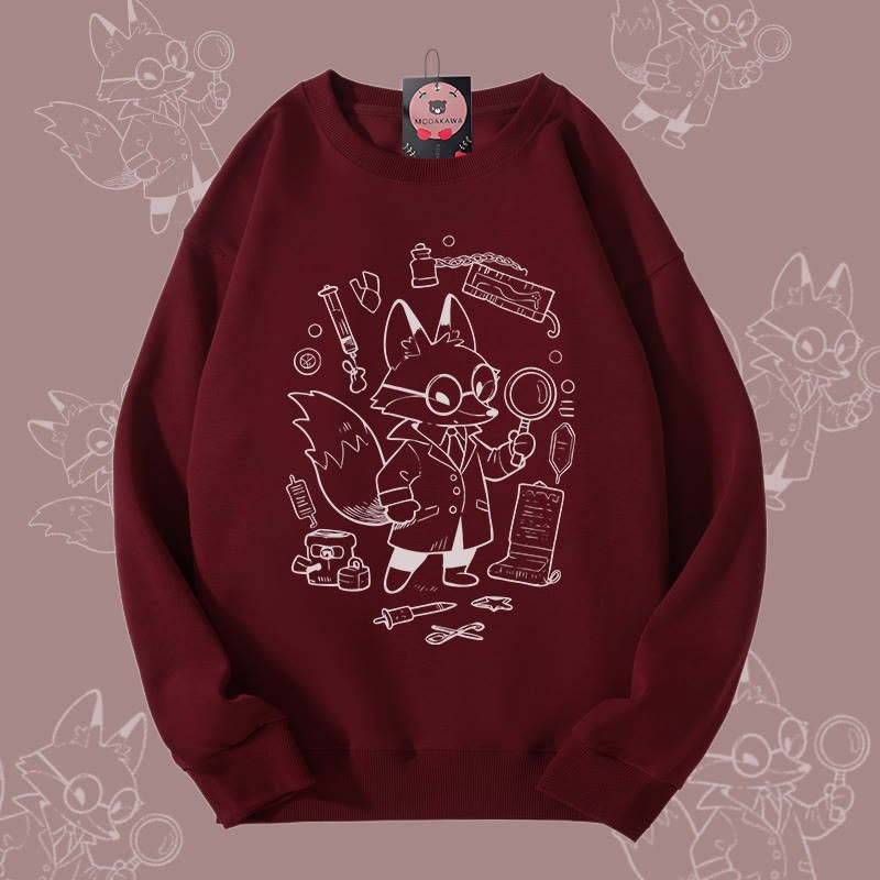 MODAKAWA Fox Doing Research グラフィック ユニセックス スウェットシャツ - Wine Red - 5XL - image 1