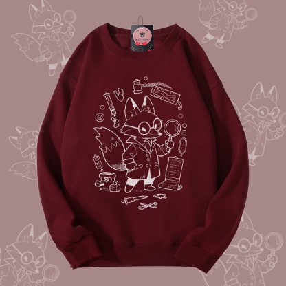MODAKAWA Fox Doing Research グラフィック ユニセックス スウェットシャツ - Wine Red - 5XL - image 1
