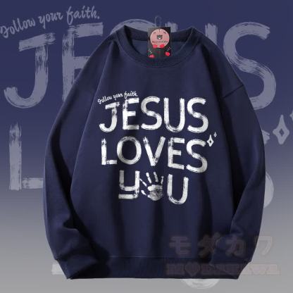 MODAKAWA JESUS LOVES YOU グラフィック ユニセックス スウェットシャツ - 紫がかった青 - 5XL - image 2