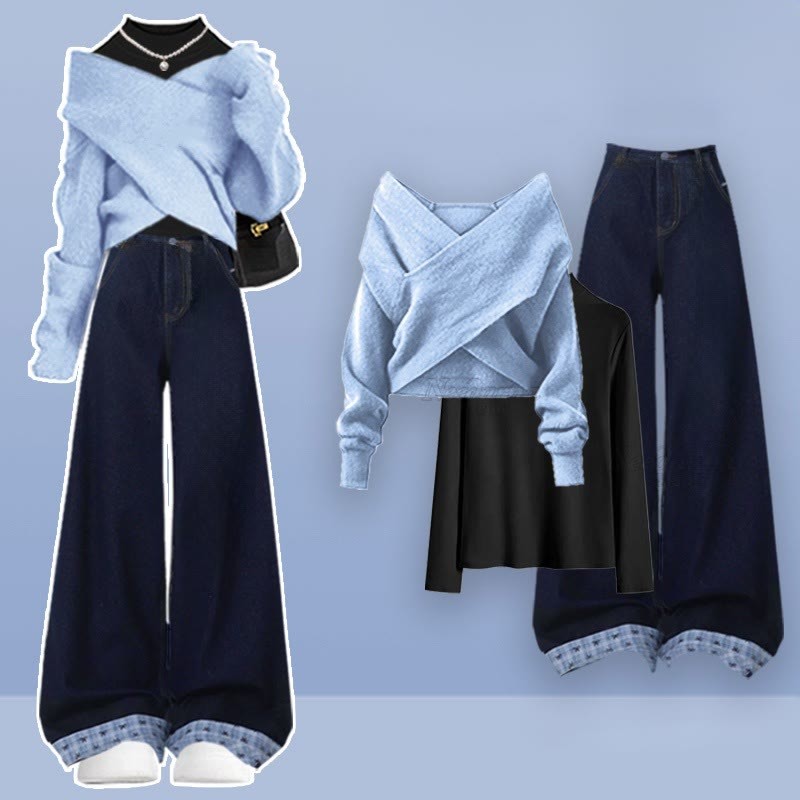 クロスニットセーター、ブラックトップス、デニムパンツのマッチングコーデ - Set - XL - image 1