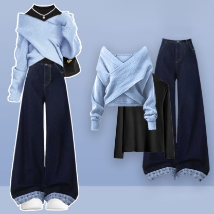 クロスニットセーター、ブラックトップス、デニムパンツのマッチングコーデ - Set - XL - image 1