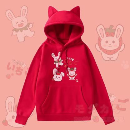 MODAKAWA ストロベリーバニー グラフィックポケット 裏起毛 猫耳パーカー - 赤 - 2XL - image 1