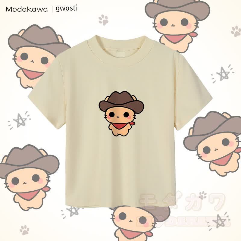 MODAKAWA X gwosti ブラウン Meowdy グラフィック レディース クロップド Tシャツ 92% コーマ綿クロップトップ - アプリコット - XL - image 3