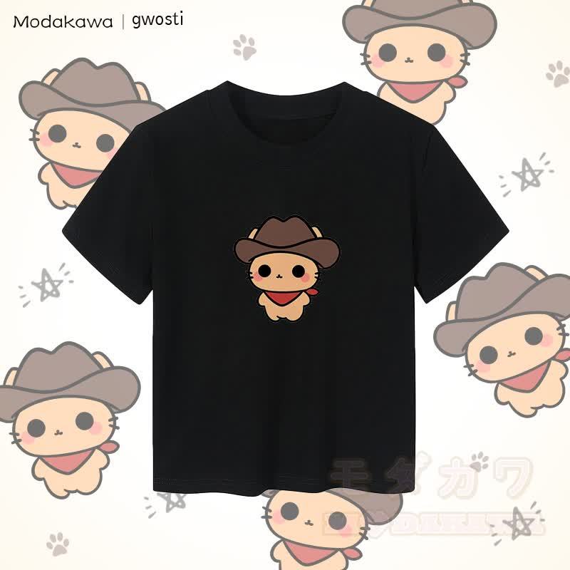 MODAKAWA X gwosti ブラウン Meowdy グラフィック レディース クロップド Tシャツ 92% コーマ綿クロップトップ - 黒 - XL - image 1