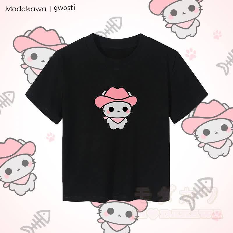 MODAKAWA X gwosti ピンク Meowdy グラフィック レディース クロップド Tシャツ 92% コーマ綿クロップトップ - 黒 - XL - image 3