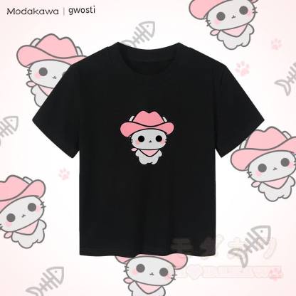 MODAKAWA X gwosti ピンク Meowdy グラフィック レディース クロップド Tシャツ 92% コーマ綿クロップトップ - 黒 - XL - image 3