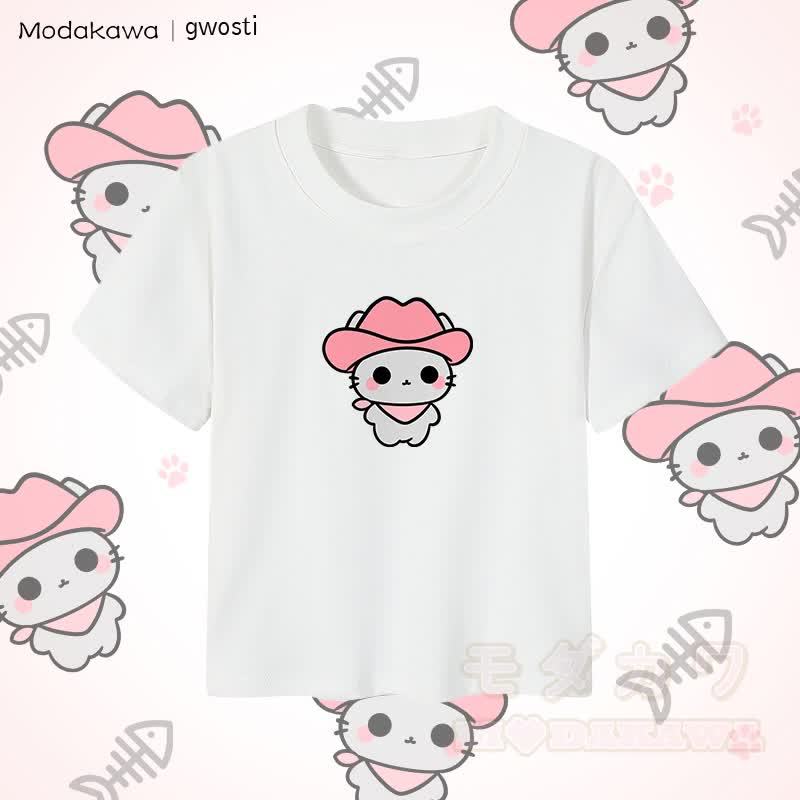 MODAKAWA X gwosti ピンク Meowdy グラフィック レディース クロップド Tシャツ 92% コーマ綿クロップトップ - 白 - XL - image 1
