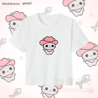 MODAKAWA X gwosti ピンク Meowdy グラフィック レディース クロップド Tシャツ 92% コーマ綿クロップトップ - 白 - XL - image 1