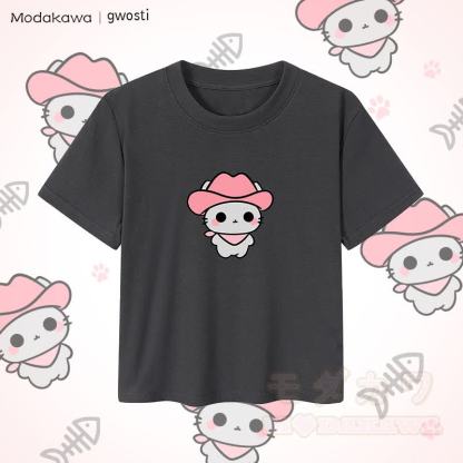MODAKAWA X gwosti ピンク Meowdy グラフィック レディース クロップド Tシャツ 92% コーマ綿クロップトップ - ダークグレー - XL - image 2