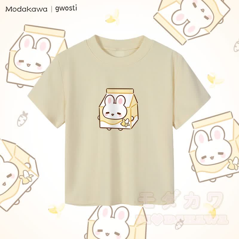 MODAKAWA X gwosti ブナナミルク グラフィック レディース クロップドTシャツ 92% コーマ綿クロップトップ - アプリコット - XL - image 1