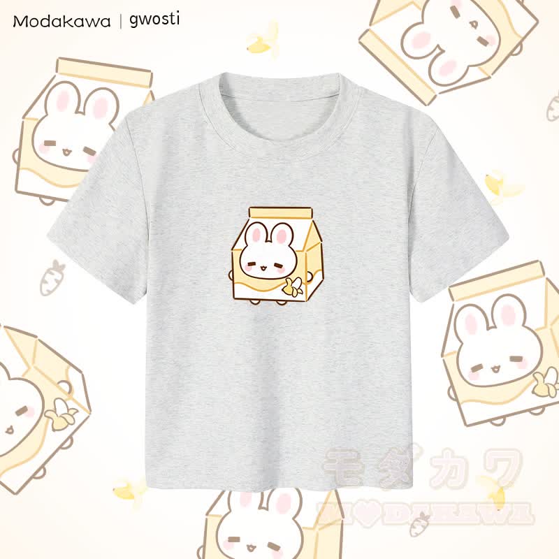 MODAKAWA X gwosti ブナナミルク グラフィック レディース クロップドTシャツ 92% コーマ綿クロップトップ - グレー - XL - image 2