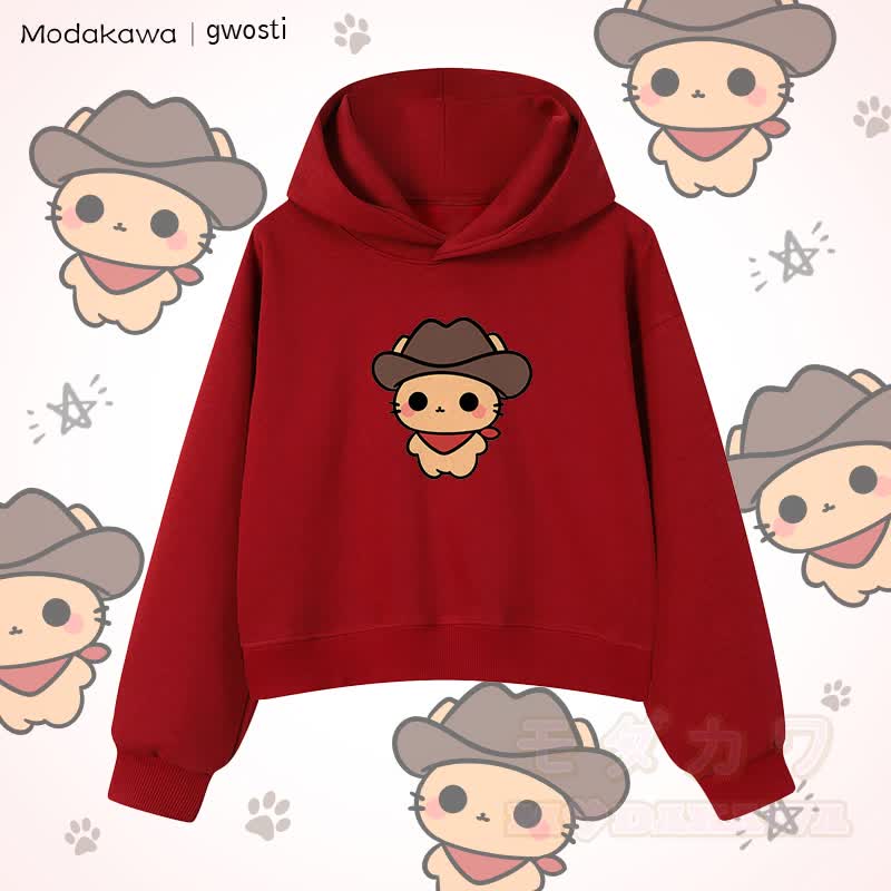 MODAKAWA X gwosti ブラウン Meowdy グラフィック クロップド綿パーカー - ワインレッド - 3XL - image 1