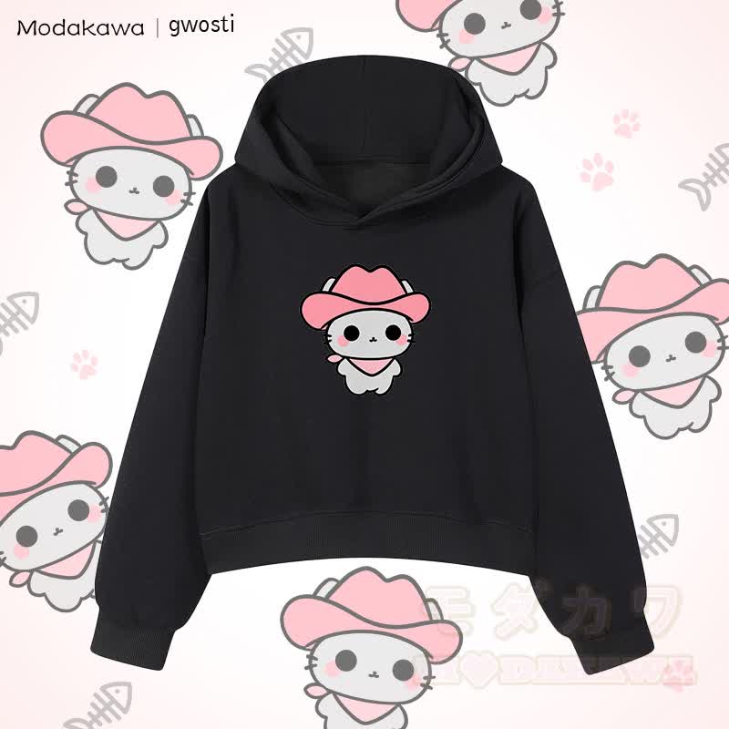 MODAKAWA X gwosti ピンク Meowdy グラフィック クロップド綿パーカー - 黒 - 3XL - image 5