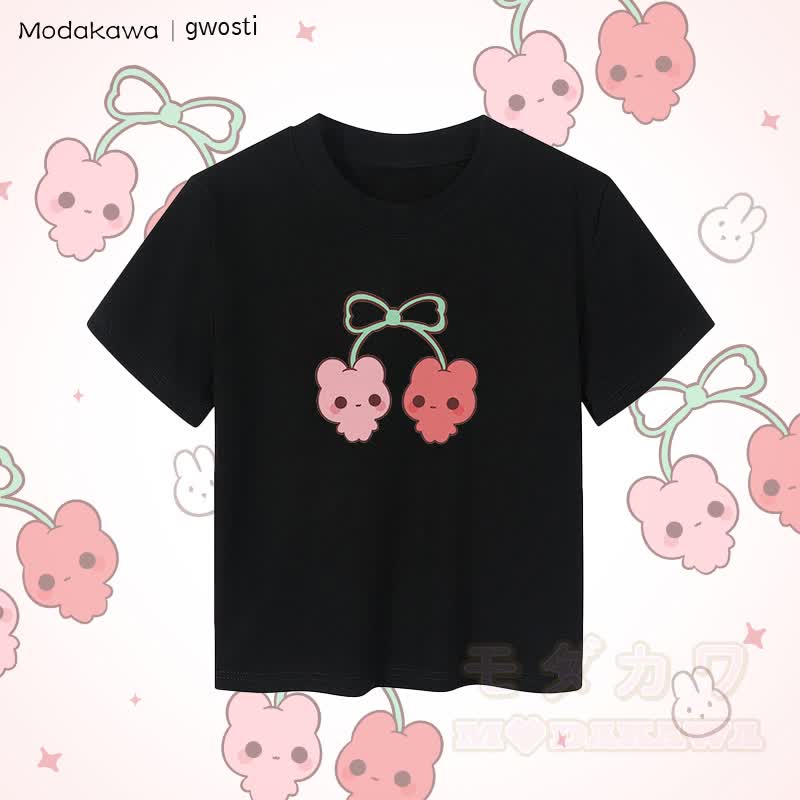 MODAKAWA X gwosti チェリーズグラフィック レディース クロップドTシャツ 92% コーマ綿クロップトップ - 黒 - XL - image 5