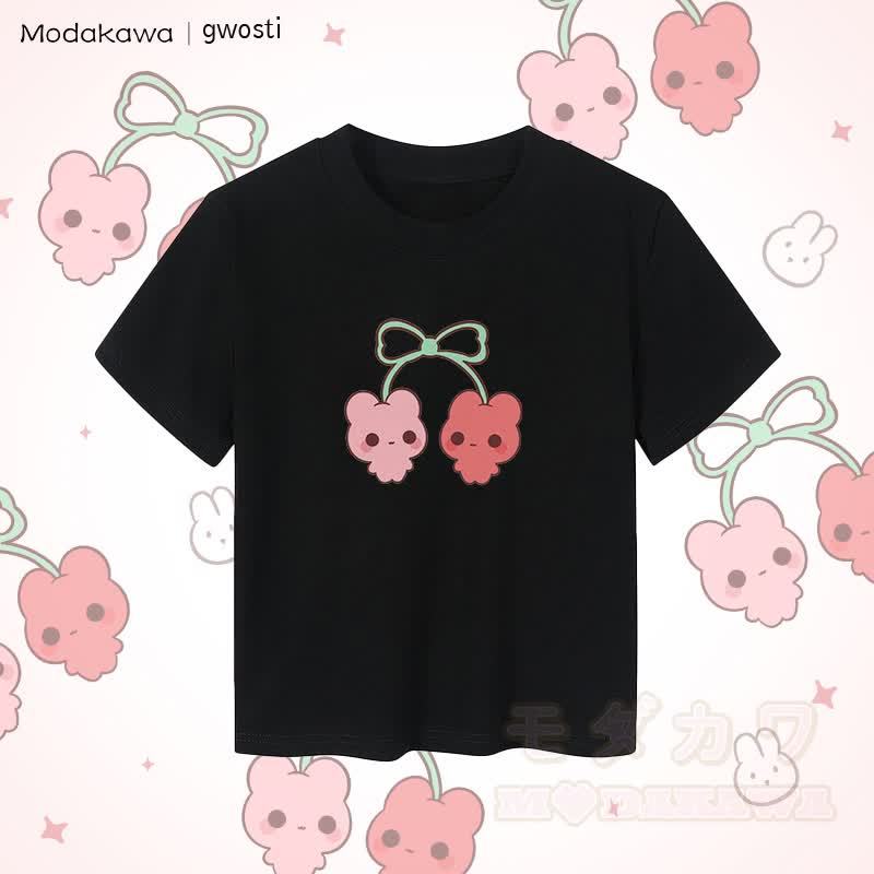MODAKAWA X gwosti チェリーズグラフィック レディース クロップドTシャツ 92% コーマ綿クロップトップ - 黒 - XL - image 5