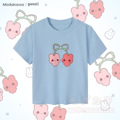 MODAKAWA X gwosti チェリーズグラフィック レディース クロップドTシャツ 92% コーマ綿クロップトップ - 青 - XL - image 2