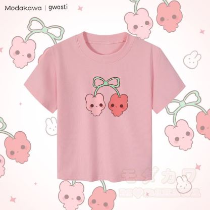 MODAKAWA X gwosti チェリーズグラフィック レディース クロップドTシャツ 92% コーマ綿クロップトップ - ピンク - XL - image 3
