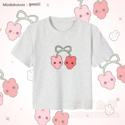 MODAKAWA X gwosti チェリーズグラフィック レディース クロップドTシャツ 92% コーマ綿クロップトップ - グレー - XL - image 1