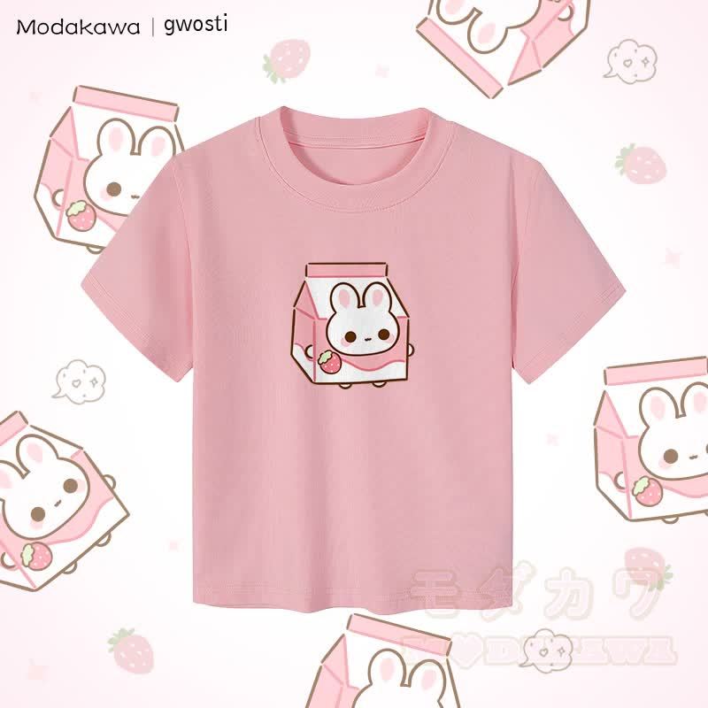 MODAKAWA X gwosti Strawbunny ミルクグラフィック レディース クロップドTシャツ 92% コーマ綿クロップトップ - ピンク - XL - image 1