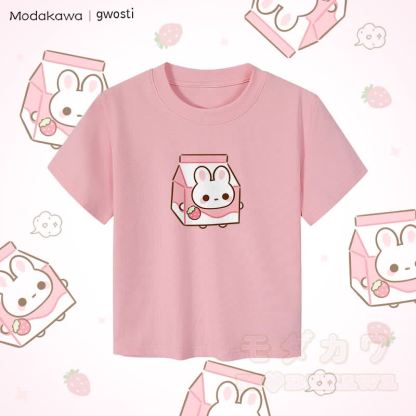 MODAKAWA X gwosti Strawbunny ミルクグラフィック レディース クロップドTシャツ 92% コーマ綿クロップトップ - ピンク - XL - image 1