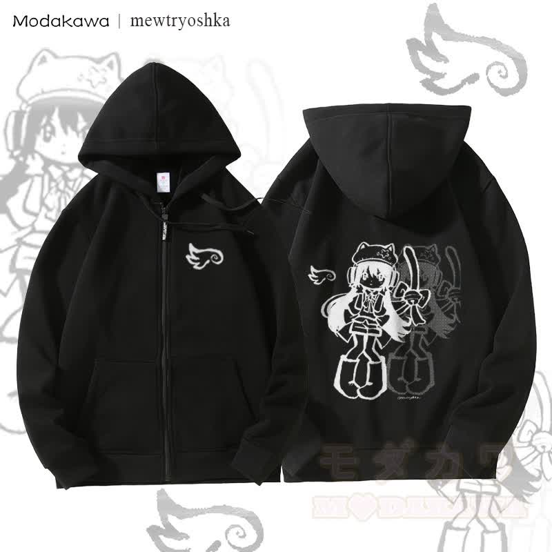 MODAKAWA X mewtryoshka シャドウウィングガール グラフィック 裏起毛 ジップアップ パーカー スウェットシャツ - 黒 - 5XL - image 1