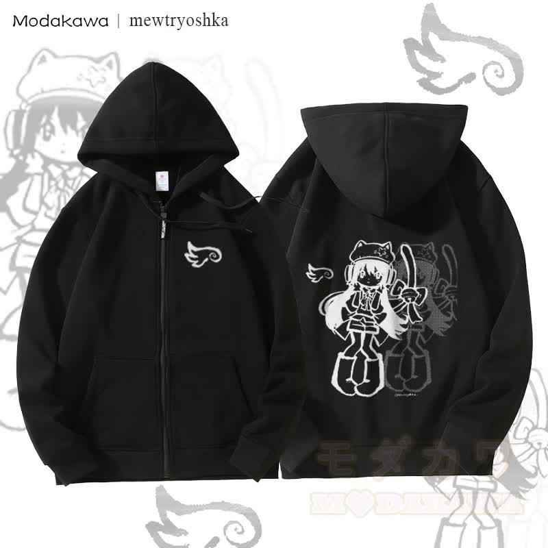 MODAKAWA X mewtryoshka シャドウウィングガール グラフィック 裏起毛 ジップアップ パーカー スウェットシャツ - 黒 - 5XL - image 1