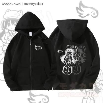 MODAKAWA X mewtryoshka シャドウウィングガール グラフィック 裏起毛 ジップアップ パーカー スウェットシャツ - 黒 - 5XL - image 1