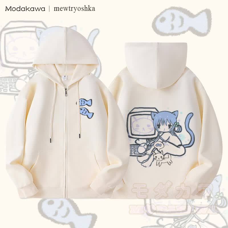 MODAKAWA X mewtryoshka キャットガール コンピューターグラフィック 裏起毛 ジップアップ パーカー スウェットシャツ - ベージュ - 5XL - image 2