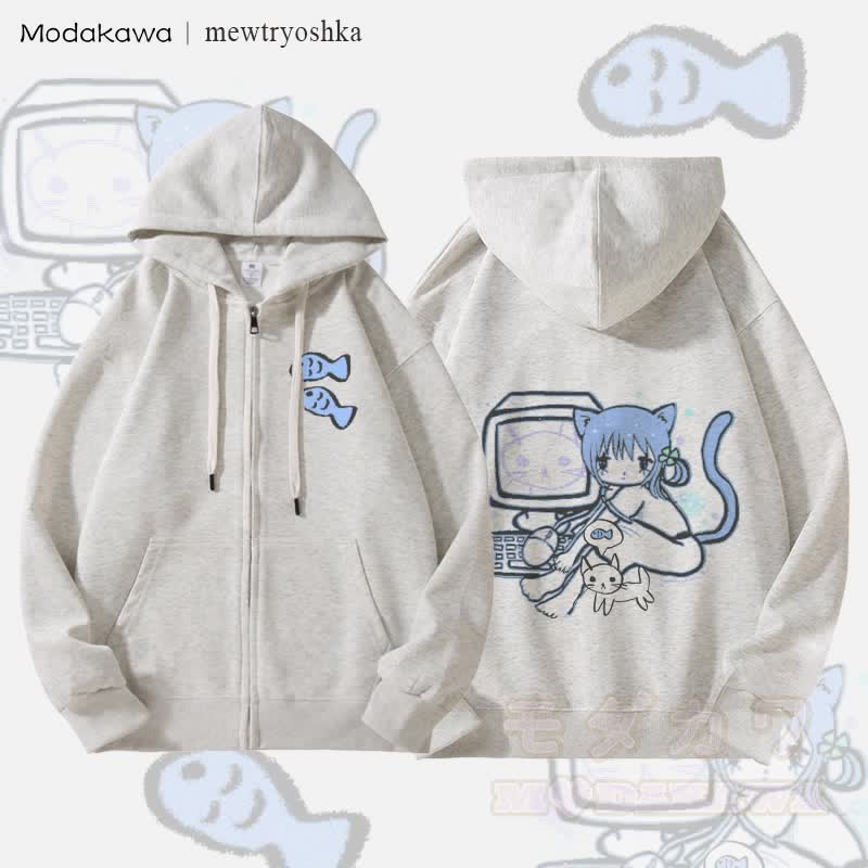 MODAKAWA X mewtryoshka キャットガール コンピューターグラフィック 裏起毛 ジップアップ パーカー スウェットシャツ - グレー - 5XL - image 1