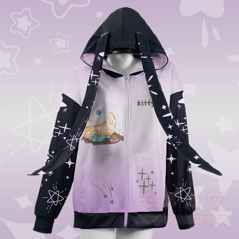 MODAKAWA グラデーションキティ 魚と遊ぶグラフィック ジッパー ロング うさぎ耳 パーカー - 紫 - 4XL - image 2
