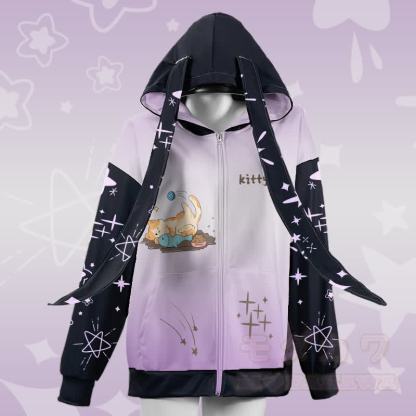 MODAKAWA グラデーションキティ 魚と遊ぶグラフィック ジッパー ロング うさぎ耳 パーカー - 紫 - 4XL - image 2