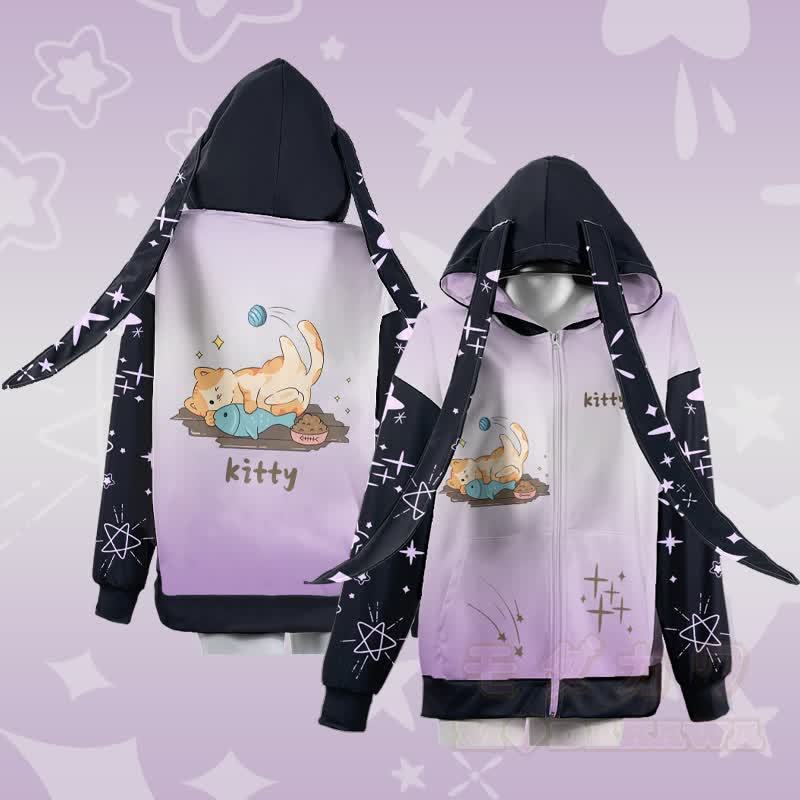 MODAKAWA グラデーションキティ 魚と遊ぶグラフィック ジッパー ロング うさぎ耳 パーカー - image 1