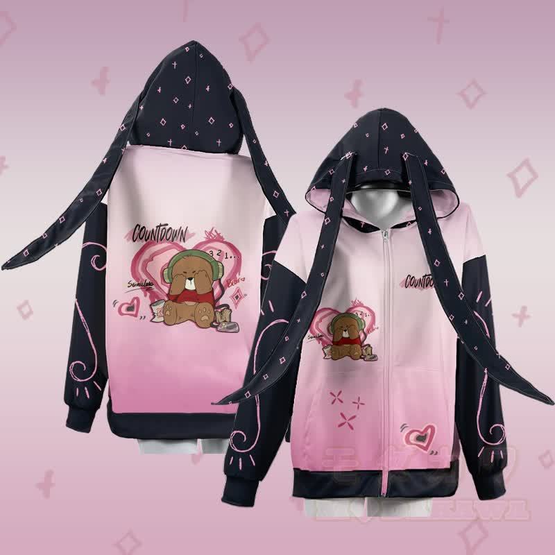 MODAKAWA グラデーション カバーアイズ ベア グラフィック ジッパー ロング バニーイヤー パーカー - image 1