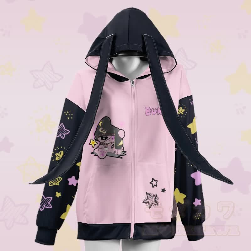 MODAKAWA ハッピーバニー グラフィック ジッパー ロング バニーイヤー パーカー - ピンク - 4XL - image 2