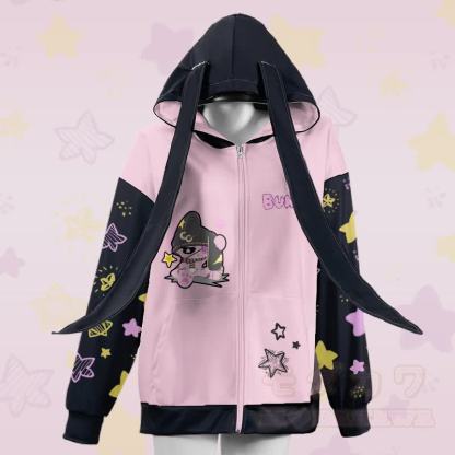 MODAKAWA ハッピーバニー グラフィック ジッパー ロング バニーイヤー パーカー - ピンク - 4XL - image 2