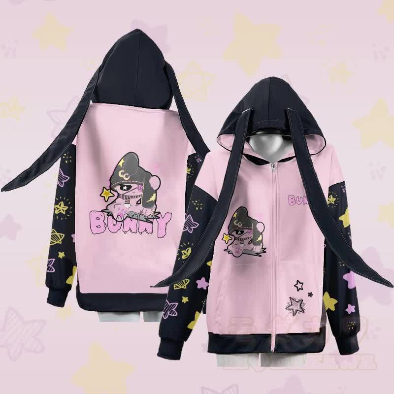 MODAKAWA ハッピーバニー グラフィック ジッパー ロング バニーイヤー パーカー - image 1