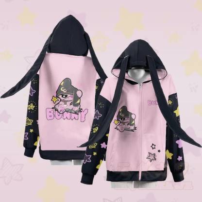 MODAKAWA ハッピーバニー グラフィック ジッパー ロング バニーイヤー パーカー - image 1