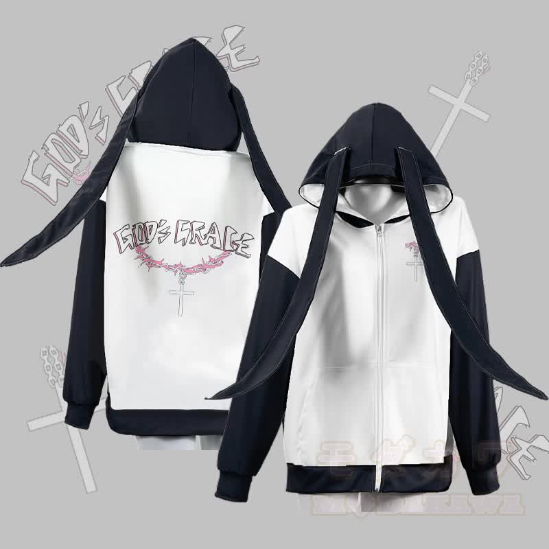 MODAKAWA GOD'S GRACE グラフィックジッパー ロング バニーイヤー パーカー - 白 - 4XL - image 1