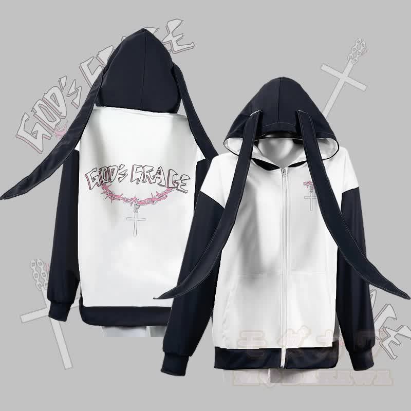 MODAKAWA GOD'S GRACE グラフィックジッパー ロング バニーイヤー パーカー - 白 - 4XL - image 1