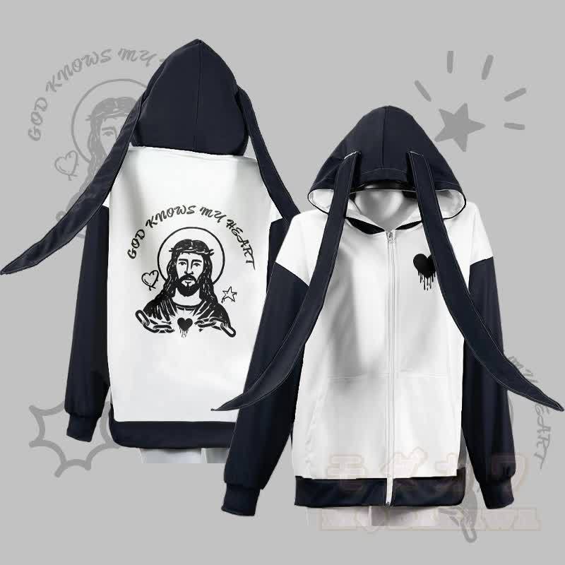 MODAKAWA GOD KNOWS MY HEART グラフィックジッパー ロング バニーイヤー パーカー - 白 - 4XL - image 2
