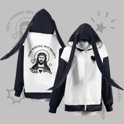MODAKAWA GOD KNOWS MY HEART グラフィックジッパー ロング バニーイヤー パーカー - 白 - 4XL - image 2
