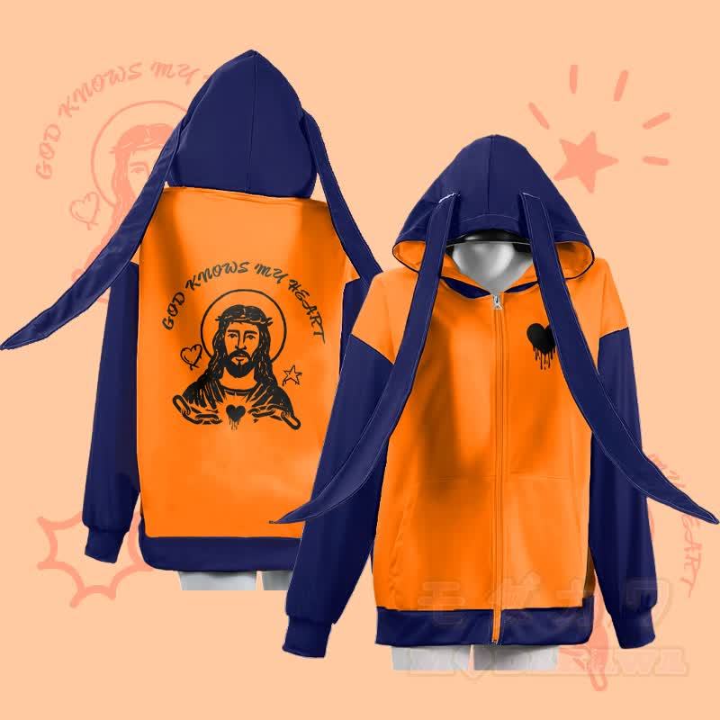 MODAKAWA GOD KNOWS MY HEART グラフィックジッパー ロング バニーイヤー パーカー - オレンジ - 4XL - image 3