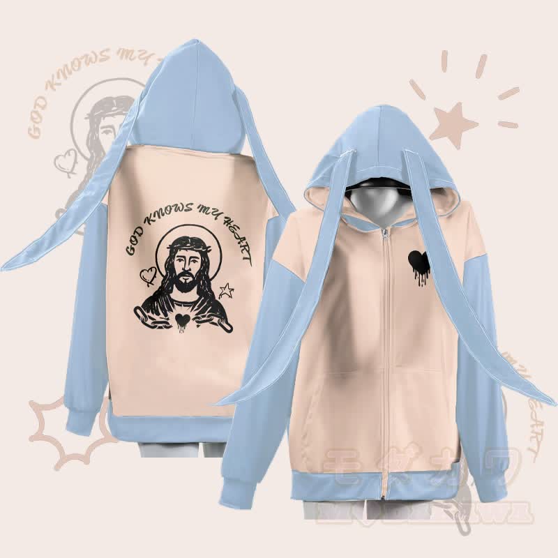 MODAKAWA GOD KNOWS MY HEART グラフィックジッパー ロング バニーイヤー パーカー - アプリコット - 4XL - image 1