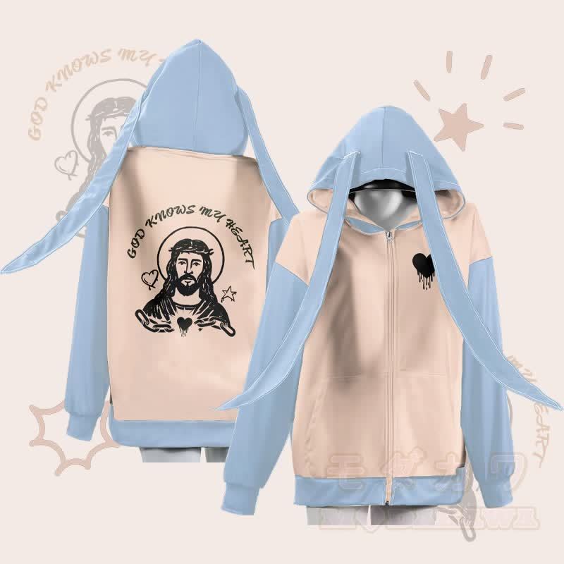 MODAKAWA GOD KNOWS MY HEART グラフィックジッパー ロング バニーイヤー パーカー - アプリコット - 4XL - image 1