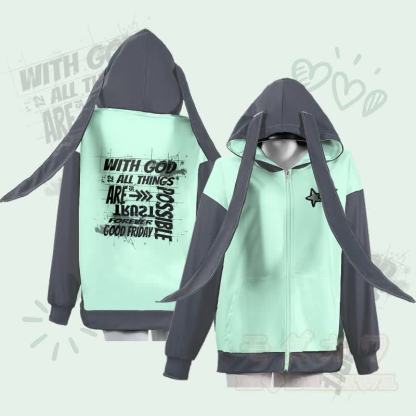 MODAKAWA WITH GOD ALL THINGS ARE POSSIBLE グラフィック ジッパー ロング バニーイヤー パーカー - 緑 - 4XL - image 1